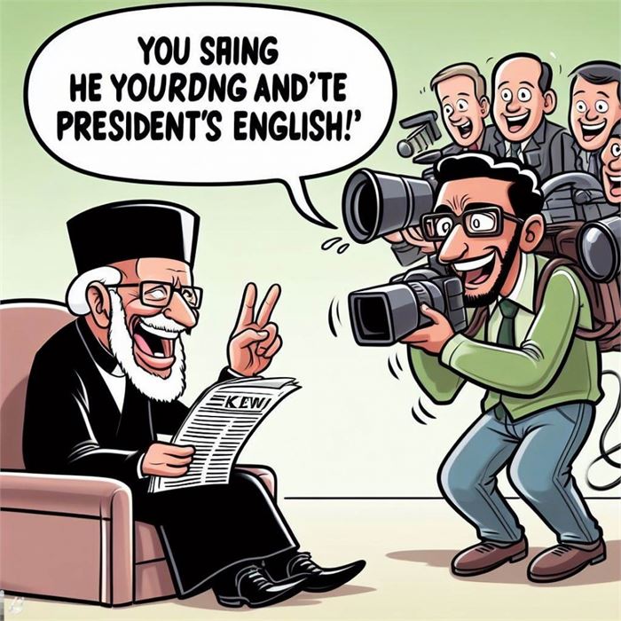 A cartoon of a journalist making fun of the president's English