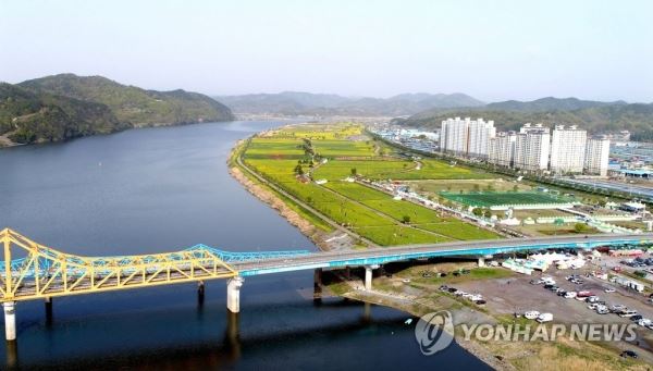 절반은 강, 절반은 꽃밭(창녕=연합뉴스) 창녕낙동강유채축제가 열리고 있는 16일 창녕군 남지읍 낙동강변이 노란 유채꽃과 튤립 등 다양한 꽃밭으로 변신해 눈길을 끈다전국에서 단일면적으로는 최대 규모인 110ha에 펼쳐진 형형색색 화려한 꽃밭은 낙동강의 절경과 어우러져 한 폭의 풍경화다2018.4.16 [창녕군 제공=연합뉴스] choi21@yna.co.k