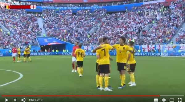 벨기에 축구대표팀 선수들이 14일(한국시간) 러시아 상트페테르부르크 스타디움에서 열린 잉글랜드와 3-4위 결정전에서 전반 4분 토마 뫼니에가 골을 넣은 뒤 다함께 기뻐하고 있다. [AFP=연합뉴스]