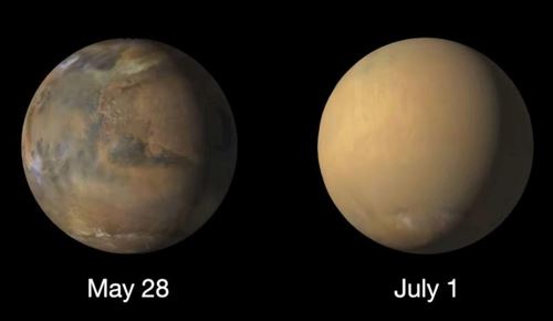 화성 전체 휘감은 모래폭풍 사진(오른쪽) 공개[NASA]