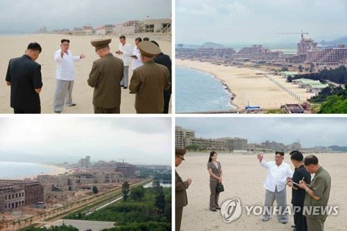 北김정은, 원산갈마관광지구 시찰(서울=연합뉴스) 김정은 북한 국무위원장이 원산갈마해안관광지구 건설장과 양덕군의 온천지구를 각각 시찰했다고 북한 매체들이 17일 보도했다. 김 위원장은 원산갈마해안관광지구를 찾아 "원산갈마해안관광지구건설과 같은 방대한 창조 대전은 강도적인 제재 봉쇄로 우리 인민을 질식시켜보려는 적대세력들과의 첨예한 대결전이고 당의 권위를 옹위하기 위한 결사전"이라고 강조했다. 사진은 노동신문 1면에 실린 김 위원장의 시찰 활동 모습. [국내에서만 사용가능. 재배포 금지. For Use Only in the Republic of Korea. No Redistribution]nkphoto@yna.co.kr