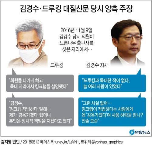 [그래픽] 김경수·드루킹 대질신문 당시 양측 주장(서울=연합뉴스) 박영석 기자 = 12일 사정 당국에 따르면 지난 9∼10일 벌어진 김 지사와 드루킹의 밤샘 대질신문은 2016년 11월 9일 드루킹이 운영한 파주 느릅나무 출판사에서 킹크랩 시연회가 실제로 열렸는지를 규명하는 데 초점이 맞춰졌다. zeroground@yna.co.kr