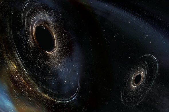 Two abnormally massive black holes spin off-kilter to their orbital plane in this artist’s impression of the latest black-hole merger detected by LIGO. The sizes and spin misalignments of these black holes suggest the pair formed in a surprisingly dynamic fashion that theorists are now struggling to understand.Credit: LIGO, Caltech, MIT, Aurore Simonet Sonoma State