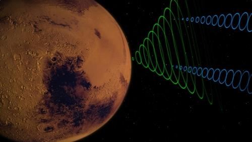 마르코(MarCO)가 인사이트 신호를 받아 전송하는 상상도[출처: NASA/JPL-Caltech]