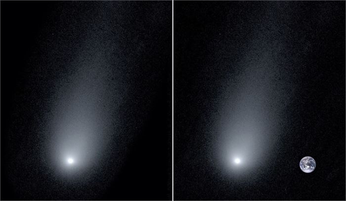 eft: A new image of the interstellar Comet 2l/Borisov. Right: A composite image of the comet with a photo of the Earth to show scale.(Image: © Pieter van Dokkum, Cheng-Han Hsieh, Shany Danieli and Gregory Laughlin)