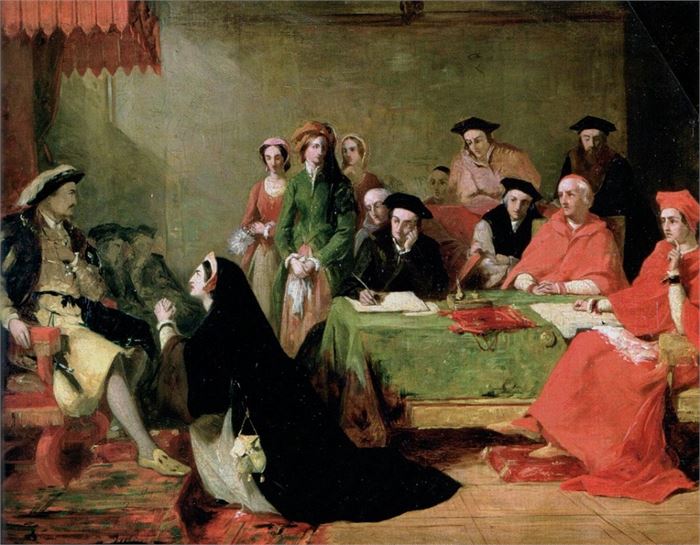 Catherine of Aragon pleads her case against divorce from Henry VIII. Painting by Henry Nelson O'Neil.