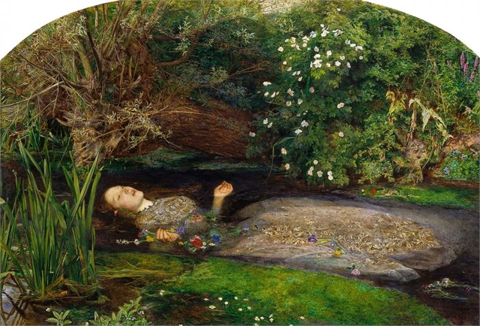 John Everett Millais' Ophelia (1852). 오필리어의 신비에 쌓인 죽음을 묘사. 5막1장의 무덤 장면. (Public Domain))