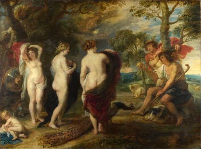파리스의 심판, 루벤스 그림 (1636년) 런던 내셔널 갤러리 소장, 파리스는 아프로디테(가운데)를 황금사과의 주인으로 선택했다.Peter Paul Rubens / Public domain