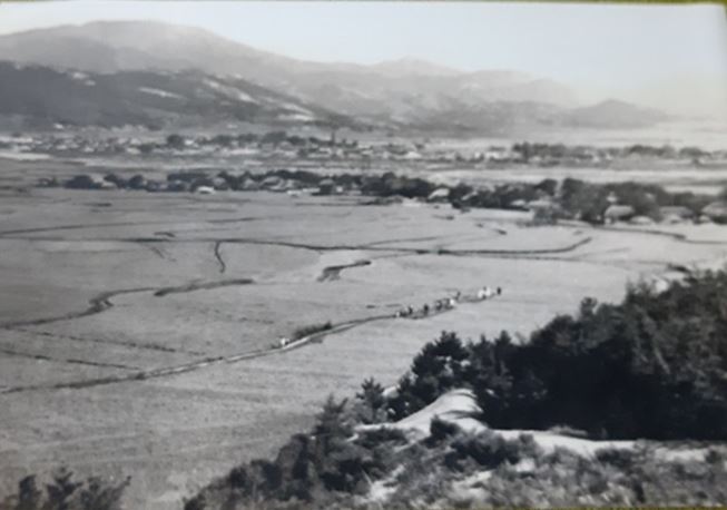 사진1. 1950년대의 버든마을(추석날 성묘를 간 진장만디에서 찍은 것 같은데 가운데는 태화강 앞은 버든마을 뒤는 언양읍, 고속철 부지로 수용되는 바람에 맨 아래쪽인 생가터는지금 서울산집중우체국이 되어있다.) 