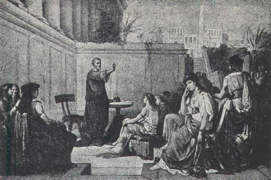 A Scene of the Pythagorean school class. The woman looking back is Theano. Source: ancient-origin.com