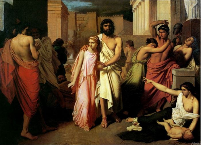 장녀 안티고네(Antigone)에 의지해 테베 왕국을 떠나는 눈먼 오이디푸스. by Charles Jalabert(1818-1901). 높이 115cm (45.2 in) x 폭 147 cm (57.8 in)[Public Domain]