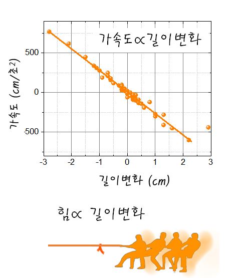 진동하는 매 순간 측정한 종이 용수철의 (길이변화, 가속도) 짝의 좌표를 점 찍어보면 직선을 따라 분포한다. 가속도에 질량을 곱하면 힘이 되므로, 결국 복원력이 길이변화에 비례하다는 것을 확인할 수 있다.