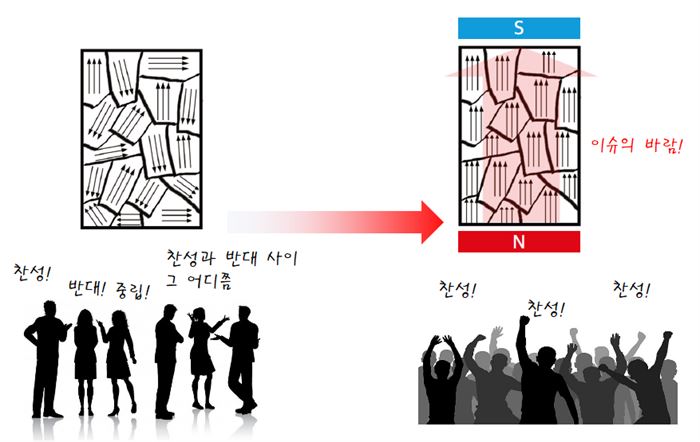 강자성 물질은 여론조사에서 편향된 지지 성향을 드러내는 지리, 계층, 연령의 집단이나 구역과 유사한 ‘도메인’을 지니고 있다. 강자성 물질은 외부 자기장에 대한 도메인의 집단적 동조를 통해 강력한 자성을 얻는다.