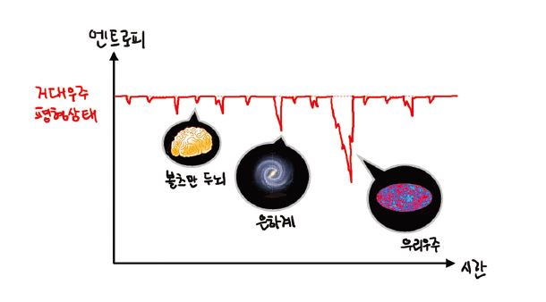 통계역학적으로 우주, 은하, 지구, 산, 나무, 나는 최대 엔트로피를 유지하는 거대 우주의 평형상태에서 요동으로 생겨난다. 엔트로피 변화가 작은 요동이 더 빈번하므로 우주가 생기는 것보다 뇌만 생기는 것이 더 빈번하게 일어날 확률을 지닌다.