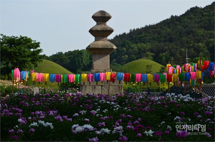 렌즈40-10. 작약꽃과 연등 그리고 탑, 너머 고분군